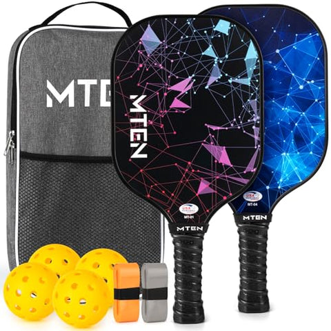 MTEN Pickleball Paddles, USAPA Approved Pickleball Paddles Set of 2, Fiberglass Surface Pickleball Set, 2Pickleball Rackets, 4 Pickleball Balls, 2Grip Tapes & Carry Bag for Men Women