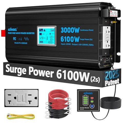3000 Watt Power Inverter Pure Sine Wave with 6100Watt Surge for 2S 12V DC to 120V AC Converter,UL Listed GFCI outlets, Lithium Battery Compatible for RVs,Off-Grid Solar Power Inverter by GIANDEL