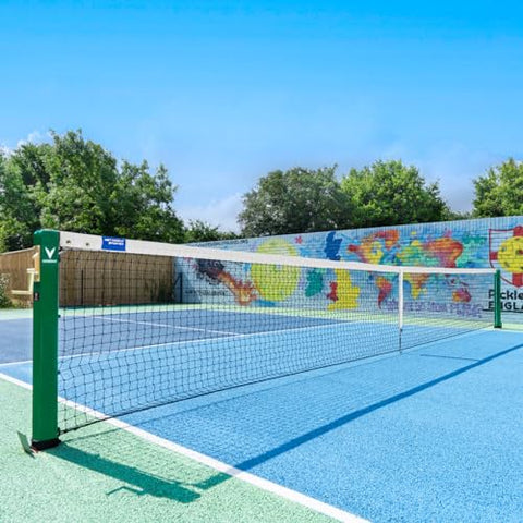 Vermont Pickleball Posts with Base Plate | Galvanized Steel Posts - Optional 22ft Net, Center Strap & Ground Anchor – Indoor & Outdoor Courts (Green, Posts & Net with Centre Strap & Base Weight)