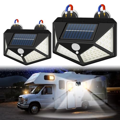 EJYTRVT Magnetic Solar RV Light with Motion Sensor – Bright 100 LED RV Exterior Light, Waterproof RV Porch Lights for Camper, Trailer, Motorhome Outdoor– Easy Install with 2 Strong Magnets (2 Pack)