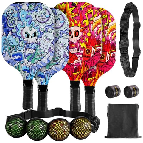 Pickleball Paddles Set of 4 with 4 Premium Wood Paddles & 4 Pickleballs & 2 Handle Grips Tape & 2 Pickleball Belts & Carry Bag for Beginners Men Women Adults(Skull Pattern)