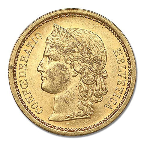 1886-1895 CH Swiss Gold Crowned Head Helvetica Extra Fine to About Uncirculated 20 FR XF-AU