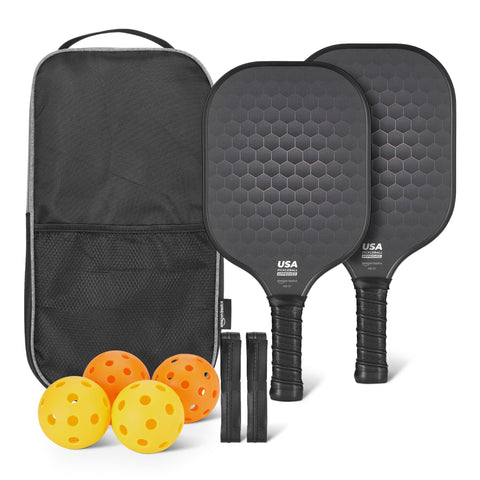 Amazon Basics Pickleball Paddles Set of 2, USAPA Approved Carbon Fiber Paddle with 4 Balls, Lightweight Pickle Ball Rackets, Carry Bag & Grips, Black