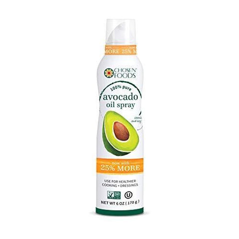 Chosen Foods 100% Pure Avocado Oil Spray 6 oz., Non-GMO, 500° F Smoke Point, Propellant-Free, Air Pressure Only for High-Heat Cooking, Baking and Frying