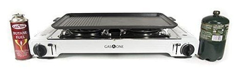 GAS ONE GS-2000 Dual Fuel Portable Propane & Butane Double Stove with NON STICK GRILL Camping and Backpacking Gas Twin Stove Burner with Carrying Case (Stainless Steel & White)