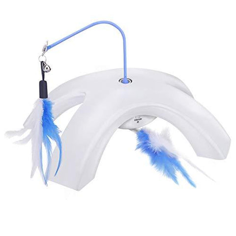 PAWABOO Pet Teasing Toy, Feather Whirl Teaser Spin Cat Toy Quadripod Electronic Interactive Chase Rotating Feather Toys for Pet Cat Kitten Play Fun Exercise - White & Blue