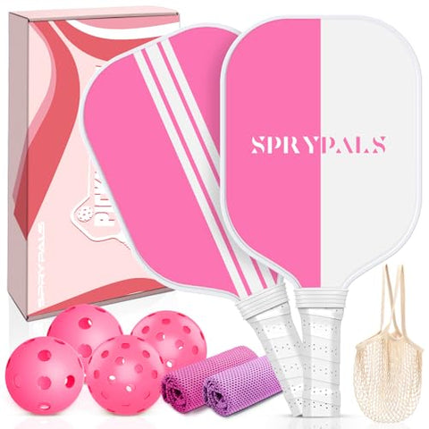 Sprypals Pink Pickleball Paddles Set of 2, Fiberglass Surface USAPA Approved Pickleball Set of 2 with 4 Balls 2 Cooling Towels 1 Bag Pickleball Rackets for Beginner Pickle Ball Paddle for Women Youth