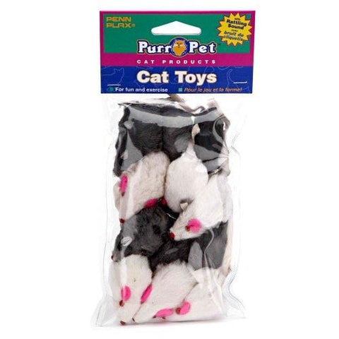 Penn Plax Play Fur Mice Cat Toys - Mixed Bag of 12 Play Mice with Rattling Sounds - 3 Color Variety Pack - CAT531, black and white