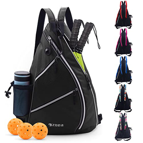 ZOEA Pickleball Bag, Sport Pickleball Sling Bag for Women Man, Adjustable Pickleball Backpack with Water Bottle Holder, Fits 4 Paddles and All Your Other Gear (Black)