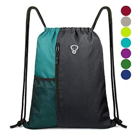 Drawstring Backpack Sports Gym Bag for Women Men Children Large Size with Zipper and Water Bottle Mesh Pockets (Black/Teal)