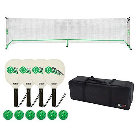 GSE Games & Sports Expert Professional Portable Pickleball Complete Set. Including Pickleball Net System, 4 Pickleball Paddles, 6 Outdoor Pickleballs (Orange) (Green)