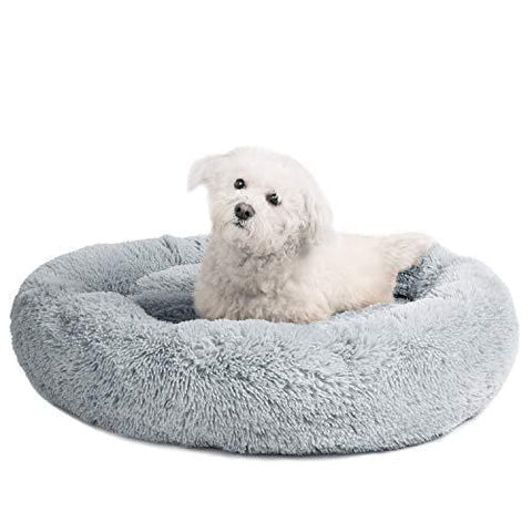 Veehoo Self-Warming Round Dog Bed for Medium Dogs & Cats, Luxurious Faux Fur Donut Cuddler, Bolster Pet Bed & Sofa, Extra Plush Dog Pillow & Couch, Machine Washable, Grey