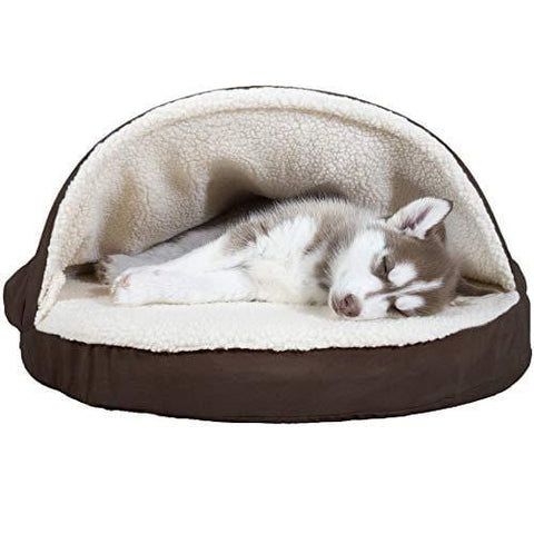 FurHaven Pet Dog Bed | Orthopedic Round Faux Sheepskin Snuggery Burrow Pet Bed for Dogs & Cats, Espresso, 26-Inch