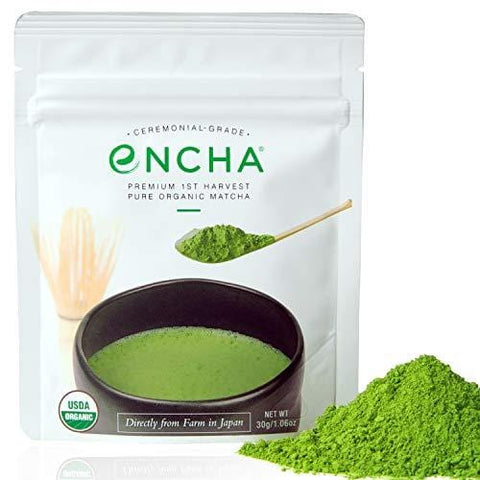 Encha Ceremonial Organic Matcha (USDA Organic Certificate and Antioxidant Content Listed, Premium First Harvest Directly from Farm in Uji, Japan, 30g/1.06oz in Resealable Pouch)