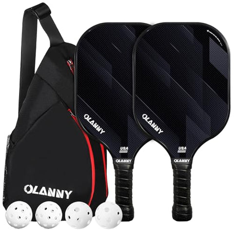 OLANNY Pickleball Paddles Rackets Fiber Face & Polymer Honeycomb Core Pickleball Set Lightweight Pickleball Set 2 Paddles with 4 Balls and a Bag for Kids & Beginners