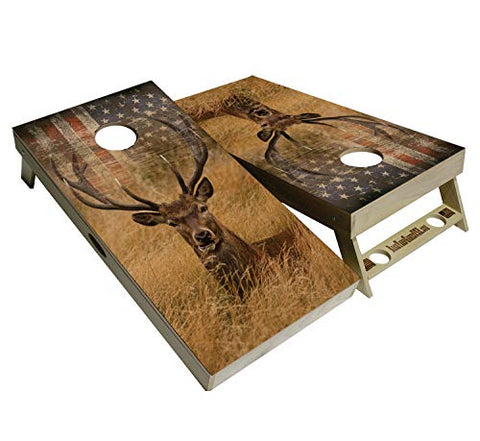 BackYardGamesUSA American Flag Series - Premium Cornhole Boards w Cupholders and a Handle - Includes 2 Regulation 4' x 2' Cornhole Boards w Premium Birch Plywood and 8 Cornhole Bags (Deer Flag)