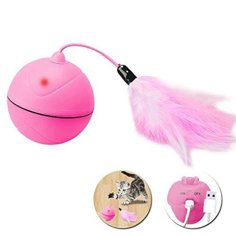 Wanfei Interactive Cat Toys, Automatic Self Rotating USB Charged Light Pet Toy with Small Bell, Pets Cats Dogs Chaser Ball, Rechargeable Entertainment Exercise Toy with Detachable Feather for Cat Dog