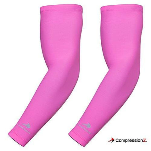 CompressionZ Arm Sleeve (Pair) - Sports Compression Sleeves for Baseball, Basketball, Football, Cycling, Golf - Elbow Brace for Arthritis, Lymphedema - UV Protection for Men/Women (Pink, Large)