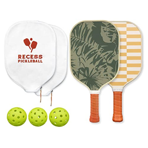 Recess Pickleball Paddles Set - 2 Paddles + 3 Pickle Balls - Premium Design - Fiberglass Surface, Honeycomb Core - Sweatproof Foam Comfort Grip - Canvas Cover & Silicone Grip Ring - USAP Approved