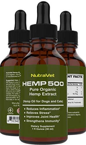 Hemp Oil for Dogs -- Cat and Dog Anxiety Relief. All Natural Dog Calming aid - for Cats too. Joint Supplement for Dogs and Cats including Omega 3 6 9 fatty acids -- Pain Relief for Dogs and Cats.