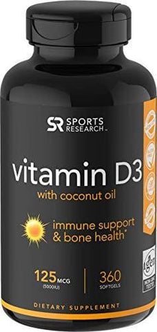 Vitamin D3 (5000iu/125mcg) Enhanced with Coconut Oil for Better Absorption ~ Non-GMO & Gluten Free (360 Mini Liquid Softgels)