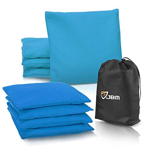 JBM Cornhole Bag (Pack of 8) Weather Resistant Cornhole Bags with Recycled Plastic Pellets for Tossing Corn Hole Game - Free Carrying Bag Included (Blue & Navy, 14OZ)