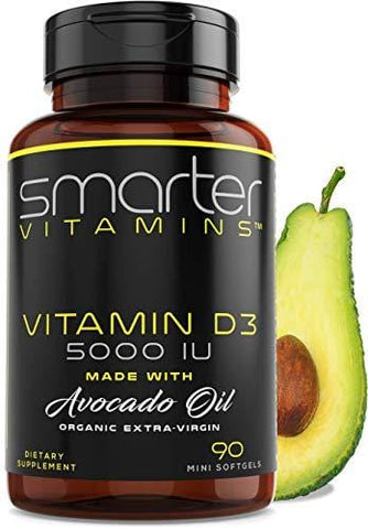 Vitamin D3 5000 IU - USDA Certified Organic Avocado Oil, 90 Mini Softgels, Non-GMO, Soy Free, Gluten Free, Supports Immune Function & Healthy Bones + Teeth