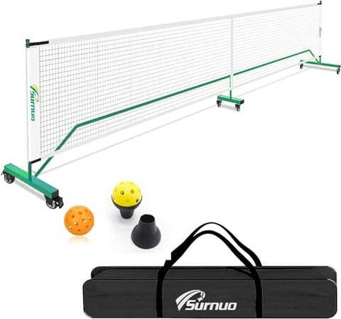 Surnuo Portable Pickleball Net with Wheels for Driveway- Outdoor Regulation Size Pickle Ball Practice Net System for All Ages, Heavy-Duty Steel Frame and Weatherproof Netting,22ft