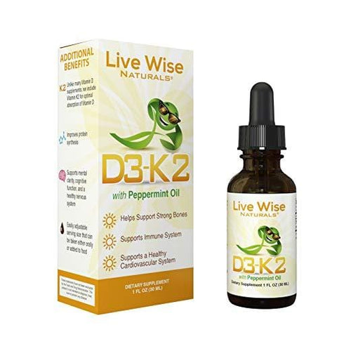 Vitamin D3 with K2 Liquid Drops, All Natural, Non GMO, 1208IU D3 and 25mcg K2 (MK7) Per Serving, Strengthen Bones, Boost Immune System and Energy Levels, with or Without Peppermint Oil