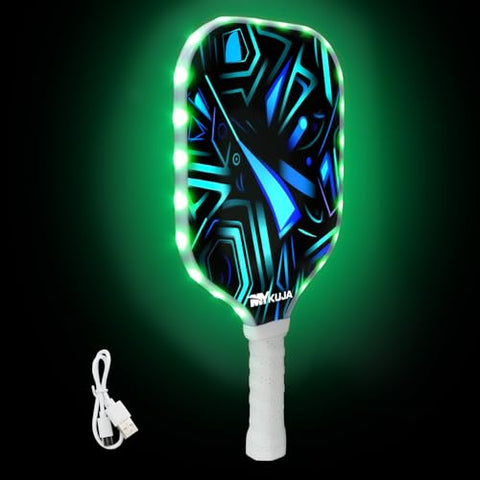 MYKUJA LED Pickleball Paddle, Glow in The Dark, Fiberglass Pickleball Paddle, Green LED Light Up Pickleball Racket at Night, USB Charge, Pickleball Set Gifts for Men Women