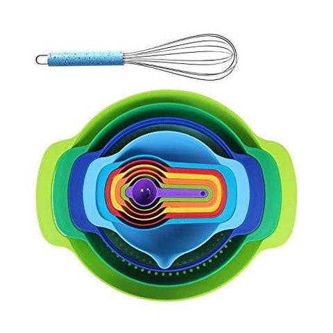 Mixing Bowls Set with 10 Nesting Bowls Stackable Measuring Cups Sieve Strainer Colander for Salad/Cooking/Baking/Food Prep, 11-Piece,Multicolor