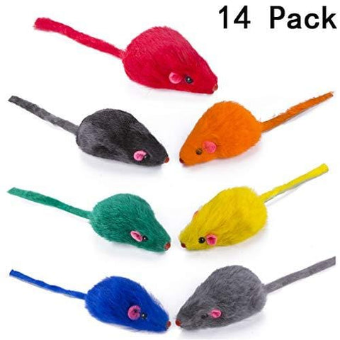 Yangbaga Real Fur Mice Rattle 14 Pack, Cat Toys Rainbow Mice Rabbit Feather for Cats and Kittens (14 pcs Rainbow mices)