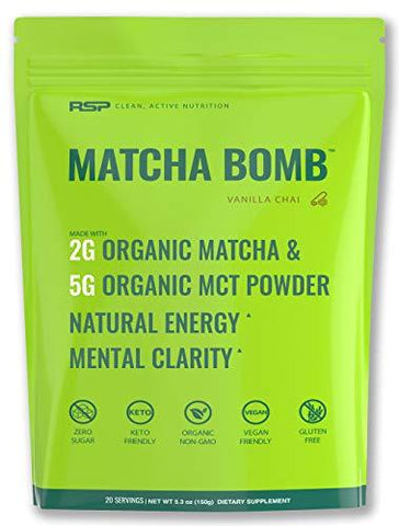 RSP Matcha Bomb (150g) - Organic Matcha Green Tea Powder with MCTs for Natural Energy and Clarity, Non-GMO, Keto Friendly, Vegan Friendly, Gluten Free, Vanilla Chai (20 Servings)