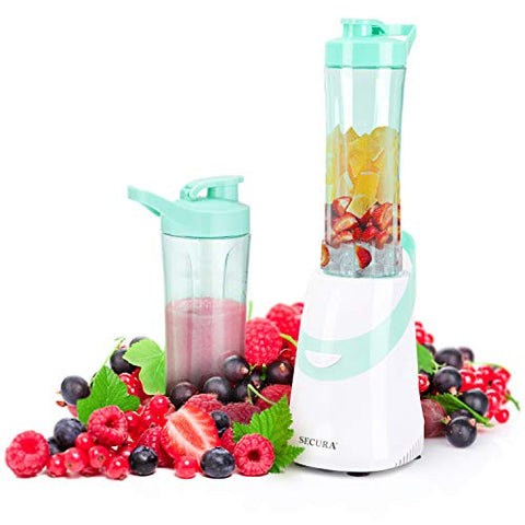 Secura 300W Personal Blender for Shakes and Smoothies | Stainless Blade | 2 (20 oz) Single Serving Bottles with Travel Lids, Green