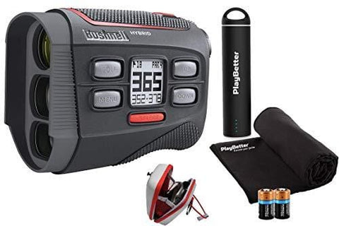 Bushnell Hybrid Golf Laser/GPS Rangefinder Bundle | Pinseeker w/Jolt, 1000 Yards, 5X Mag, Case | 201835 (+ PlayBetter Portable Charger, Microfiber Cleaning Towel & Extra CR2 Battery)
