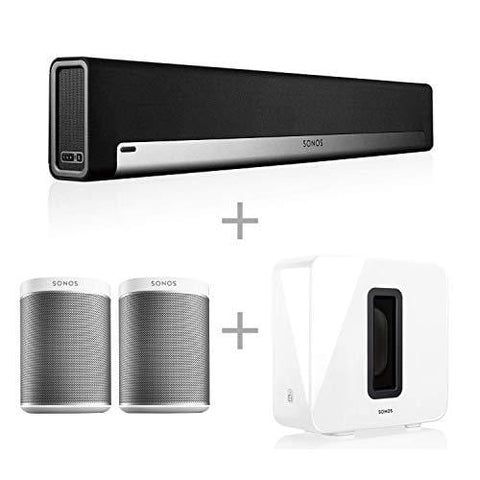 Sonos 5.1 Home Theater System with Pair of Play:1 (2 Items) Bundle with PLAYBAR TV Soundbar (1 Item) and SUB (1 Item) - White