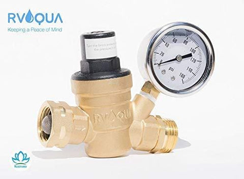 RVAQUA M11-45PSI Water Pressure Regulator for RV Camper - Brass Lead-Free Adjustable RV Water Pressure Reducer with 160 PSI Gauge and Inlet Stainless Screened Filter