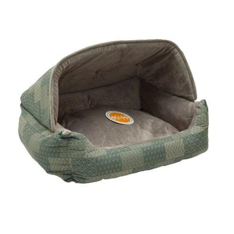 K&H Pet Products Hooded Lounge Sleeper Pet Bed Teal Patchwork Print 20" x 25"
