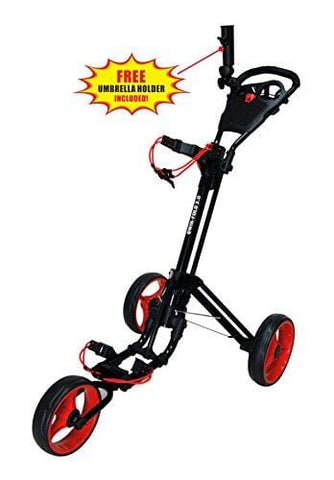 Qwik-Fold 3 Wheel Push Pull Golf CART - Foot Brake - ONE Second to Open & Close! (Black/Red)