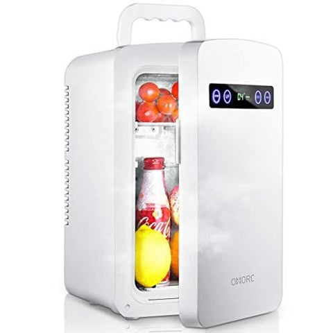 OMORC Mini Fridge, 10 Liters Mini Cooler and Warmer with LED Display/Dual-Core System/ECO Model for Saving Energy and Super Quiet, Personal Tiny Fridge - AC & DC (White) for Office RV Outdoor Car