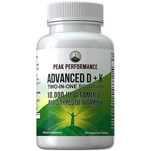 Advanced Vitamin D 10000 IU + All 3 Types of Vitamin K Capsules by Peak Performance. 10,000 IU Vitamin D3 and Vitamin K2 MK-7 (MK7) K2 MK4 K1 Supplement! 60 Small & Easy to Swallow Pills