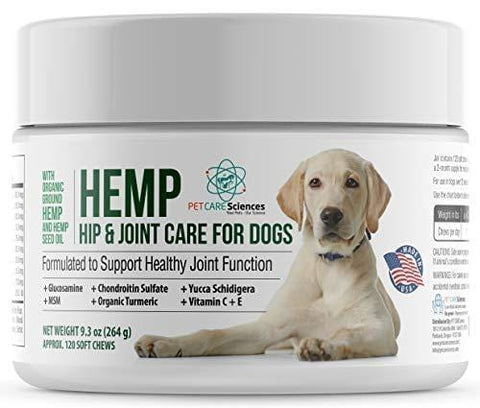 PET CARE Sciences Hemp Hip & Joint Dog Treats - Turmeric, Glucosamine Chondroitin, MSM, Hemp.
