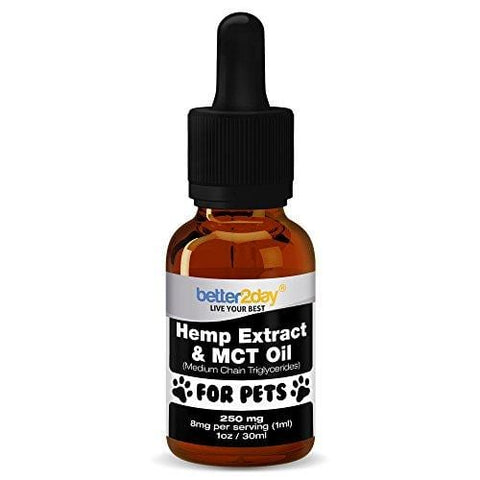 Better2Day Hemp Extract + MCT Oil for Dogs + Cats (250mg). From 100% Organic Colorado Grown Hemp By Rich in Omega 3, 6. Natural Anti Inflammatory. Great for Pets with Anxiety, Joint Pain, Arthritis