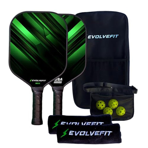 Evolvefit Pickleball Paddles Set of 2 - Elite Pickle Ball Rackets 2 Pack, Fiber Face & Advanced Polymer Core, with Carry Bag & Balls - Ultimate Performance for All Players