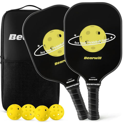 Fiberglass Surface Pickleball Paddles, USAPA Approved Pickleball Paddles Set of 2, Pickleball Set with Pickleball Rackets, 4 Pickleball Balls, Carry Bag, Pickleball Paddle Gifts Bearwill