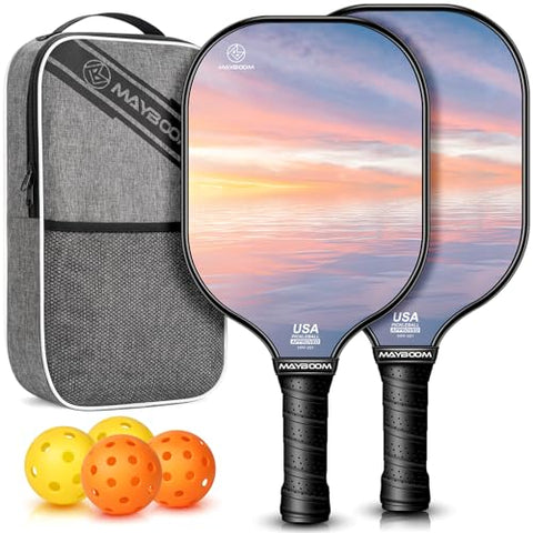 MayBoom Pickleball Paddles, USAPA Approved Fiberglass Pickleball Set, Lightweight Pickleball Rackets of Anti-Slip Sweat-Absorbing Grip, with 4 Pickleballs, Portable Carry Bag (Sunglow 2)