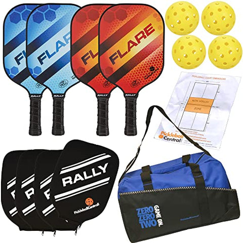 Rally Flare Graphite Pickleball Paddle Set for 4 Players (4 Paddles (2 Blue & 2 Red) + 4 Pickleballs + 4 Neoprene Paddle Covers + Duffel + Rules/Strategy Guide)