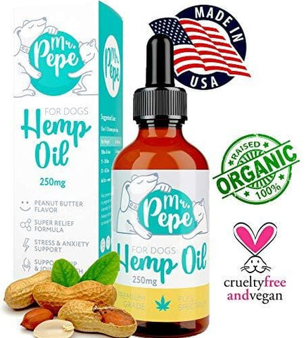 Mr. PePe Full Spectrum Hemp Oil for Dogs & Cats Peanut Butter Flavor 250mg - Organic Pain Relief, Stress & Anxiety Support, Calming Treats, Hip and Joint Health - High in Omega 3,6,9 - Made in USA