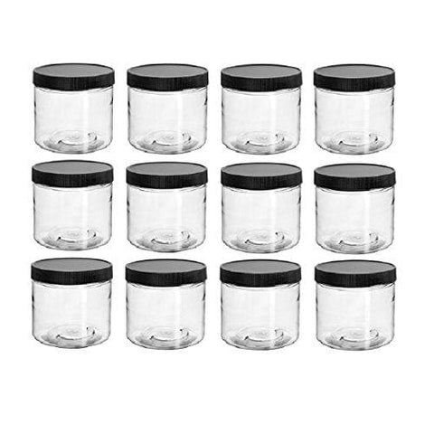 Clear Plastic Jar 4 ounce with Black Ribbed Lid (Pack of 12), Refillable Storage Containers with Lids for Cosmetic, Kitchen, DIY Products, Arts and Crafts
