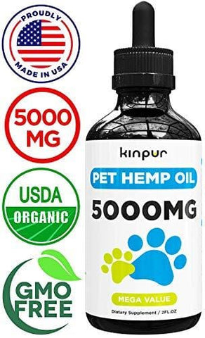 Кinpur Organic Hemp Oil Extract for Dogs & Cats - 5000 Mg - Inflammation, Pain, Arthritis, Stress, Separation Anxiety Relief - Hip & Joint Support - Natural Sedative, Calming Remedy